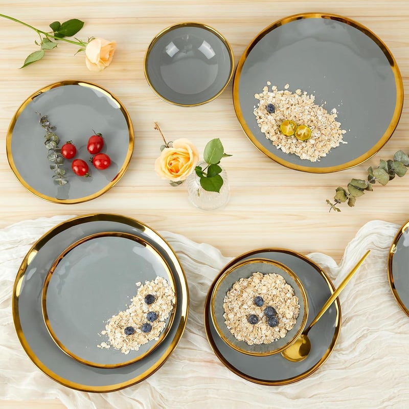 Pokini Porcelain Luxury Dinnerware Sets Modern Plates and Bowls Sets for 4 Highly Chip and Crack Resistant Grey and Gold Rim China Dishes Set for Wedding Anniversary - Image 3