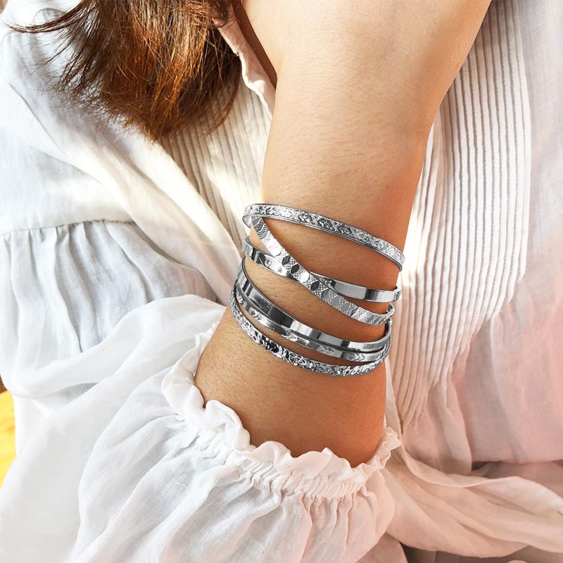 IFKM Silver Bangles Bracelets For Women, Silver Plated Multi Layer Stackable Cuff Bracelet Set, Trendy Elegance Charms Non Tarnish Minimalist Textured Boho Jewelry Gift for Women - Image 2