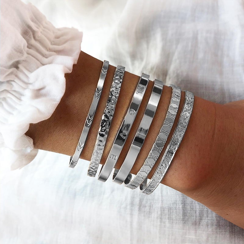 IFKM Silver Bangles Bracelets For Women, Silver Plated Multi Layer Stackable Cuff Bracelet Set, Trendy Elegance Charms Non Tarnish Minimalist Textured Boho Jewelry Gift for Women - Image 3