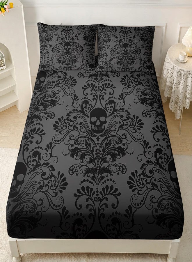 AILONEN Black Skull Fitted Sheet Set Twin XL Size,Floral Flower Gothic Skull Bed Sheet Set for Bedroom Decor,3 Pieces Boho Tree of Life Sheet Set,1 Fitted Sheet with 2 Pillowcases - Image 1