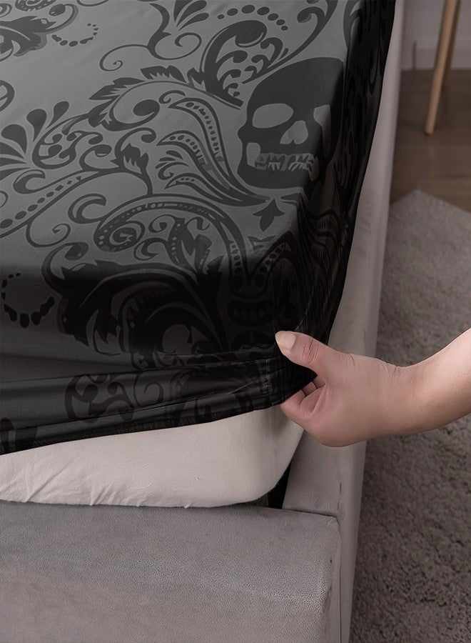AILONEN Black Skull Fitted Sheet Set Twin XL Size,Floral Flower Gothic Skull Bed Sheet Set for Bedroom Decor,3 Pieces Boho Tree of Life Sheet Set,1 Fitted Sheet with 2 Pillowcases - Image 4