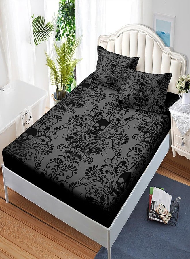 AILONEN Black Skull Fitted Sheet Set Twin XL Size,Floral Flower Gothic Skull Bed Sheet Set for Bedroom Decor,3 Pieces Boho Tree of Life Sheet Set,1 Fitted Sheet with 2 Pillowcases - Image 3