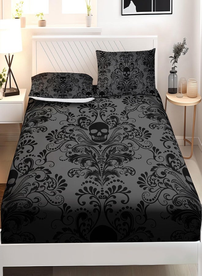 AILONEN Black Skull Fitted Sheet Set Twin XL Size,Floral Flower Gothic Skull Bed Sheet Set for Bedroom Decor,3 Pieces Boho Tree of Life Sheet Set,1 Fitted Sheet with 2 Pillowcases - Image 2
