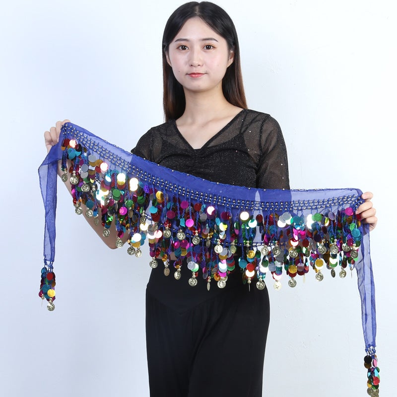 Belly dance waist chain hip towel skirt new Indian dance watch performance waist seal copper gong belt sequined tassel waist towel dance Sapphire Blue