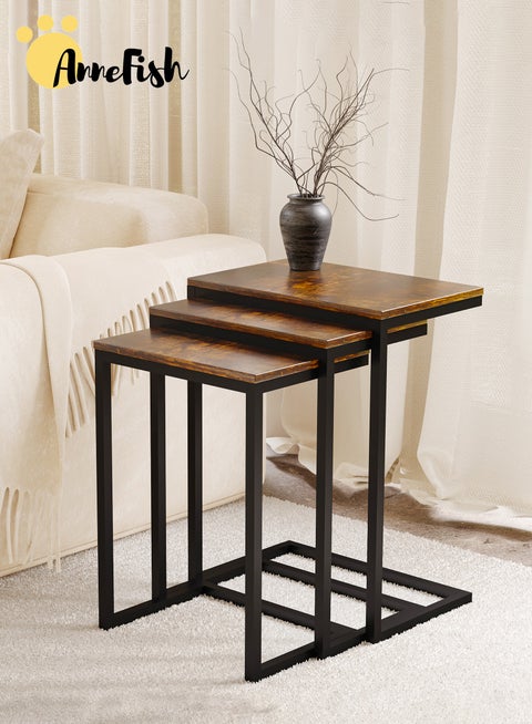 3Pcs C-Shaped Coffee Service Table Set Sofa Side Nesting Table End Table For Home Living Room Bedroom Small Coffee Table Couch Table Metal Frame Easy Assembly