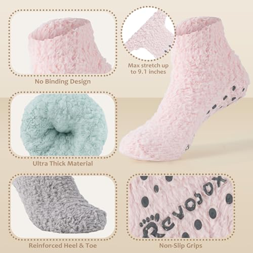 Revosoxs Fuzzy Grip Socks for Women Men,Thick Warm Slipper Cozy Fluffy Non Slip Ankle Hospital socks With Grips.（Pink+Grey+Green+Purple） - Image 4