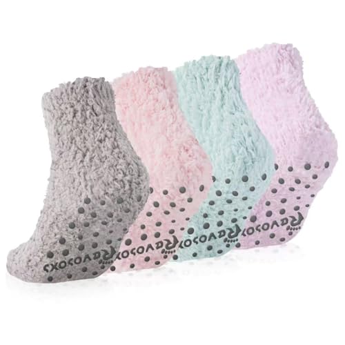 Revosoxs Fuzzy Grip Socks for Women Men,Thick Warm Slipper Cozy Fluffy Non Slip Ankle Hospital socks With Grips.（Pink+Grey+Green+Purple） - Image 1