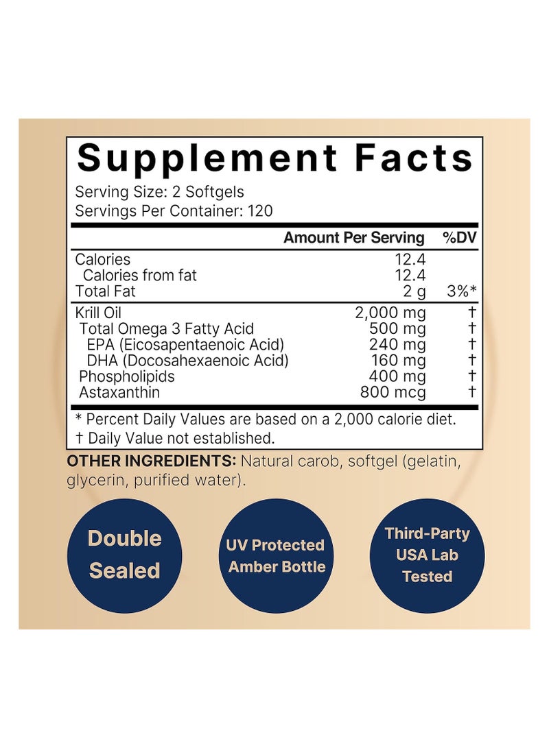 NatureBell Antarctic Krill Oil 2000mg Supplement 240 Softgels 3X Strength Natural Source of Omega 3s EPA 240mg + DHA 160mg + Astaxanthin 800mcg No Fishy Aftertaste Mercury Free & Non GMO  - Image 2