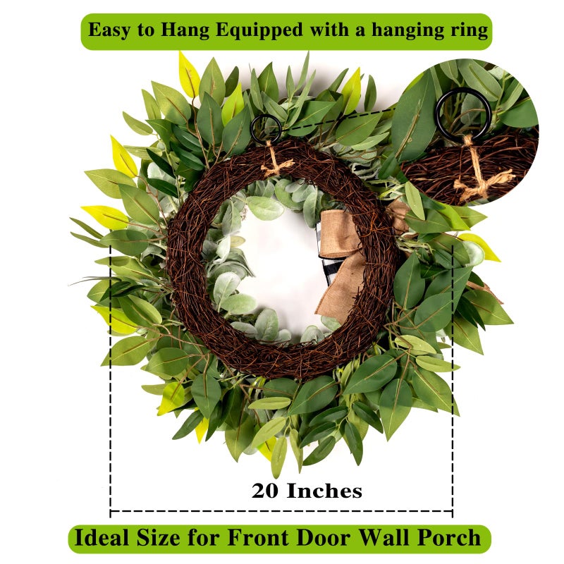 soosubel Lambs Ear Eucalyptus Front Door Wreath Year Round, 20" Handmade Green Farmhouse Spring Summer Wreath for Porch Wall Outdoor Indoor Home Decorations - Image 3