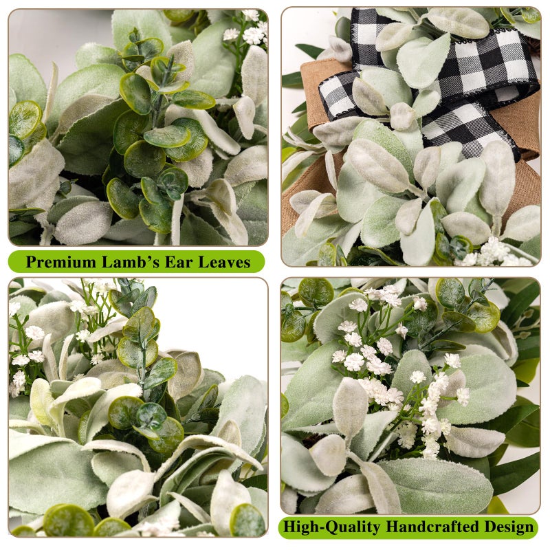 soosubel Lambs Ear Eucalyptus Front Door Wreath Year Round, 20" Handmade Green Farmhouse Spring Summer Wreath for Porch Wall Outdoor Indoor Home Decorations - Image 2