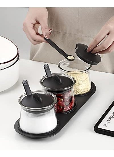 HUNGYAN HUNGYAN Condiment Jar Spice Container with Lids and Spoons Clear Glass Condiment Canisters Pots Seasoning Box Salt Container Sugar Bowl Set of 3 for Kitchen Counter Food Storage  - Image 1
