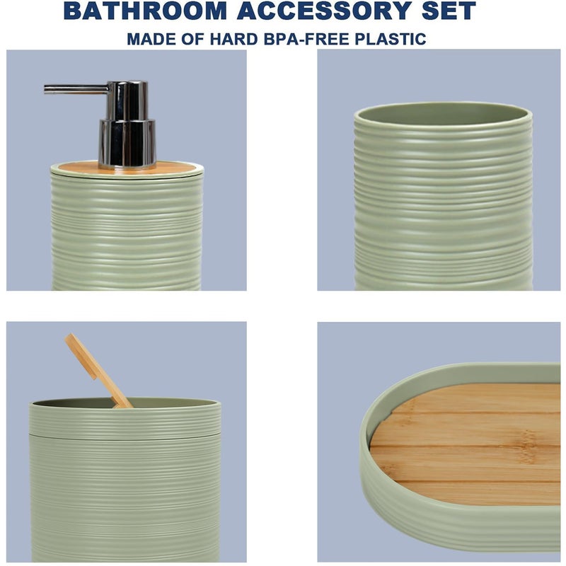 CERBIOR Bathroom Accessories Set 6 Piece Bamboo Bath Ensemble Includes Soap Dispenser, Toothbrush Holder, Toothbrush Cup, Soap Dish for Decorative Countertop and Housewarming Gift, Sriral Green - Image 5