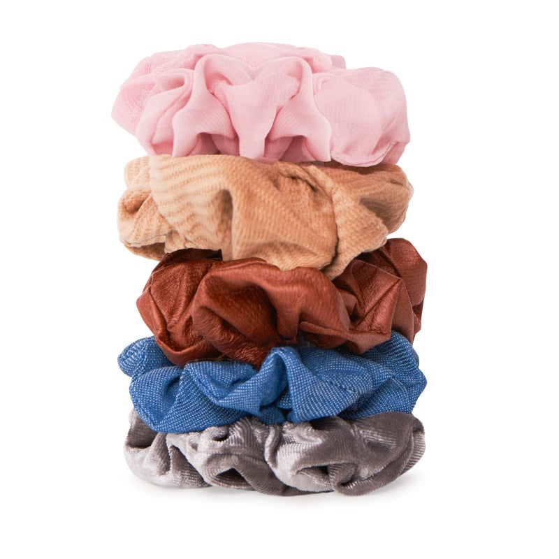 Gimme Beauty  Hair Scrunchies Variety Pack  Denim Corduroy Faux Leather Blush and Velvet Scrunchies  Gentle All Day Hold Hair Styling Accessories  NoSlipping Snagging or Creasing 5 Count
