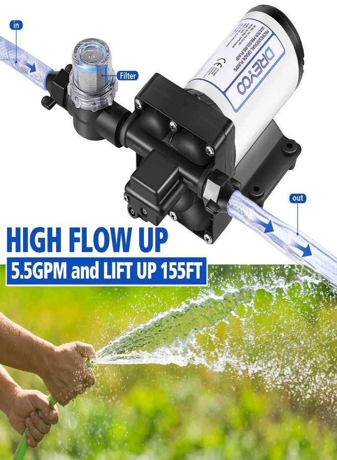 Dreyoo مضخة تعزيز ضغط الماء 110 فولت 5.5 جالون في الدقيقة 70 PSI، مضخة ماء صناعية ذاتية التحضير مع قابس كهربائي، ملحقات أنابيب موصل نحاسي فلتر مصفاة للمطبخ الحمام RV البحرية القافلة الحديقة (أسود) - Image 2