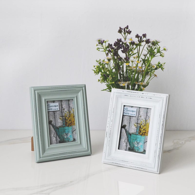 Buecasa Rustic 3.5x5 Inches Wooden Picture Frame Pack of 2 Vintage Cyan and White in Gift Box - Distressed Wood High Definition Glass Photo Frame Outside 6.1x7.7 Inches - 2 Way Display Tabletop or - Image 2