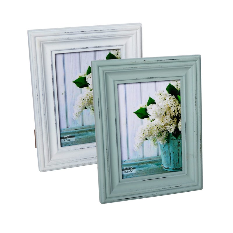 Buecasa Rustic 3.5x5 Inches Wooden Picture Frame Pack of 2 Vintage Cyan and White in Gift Box - Distressed Wood High Definition Glass Photo Frame Outside 6.1x7.7 Inches - 2 Way Display Tabletop or - Image 1