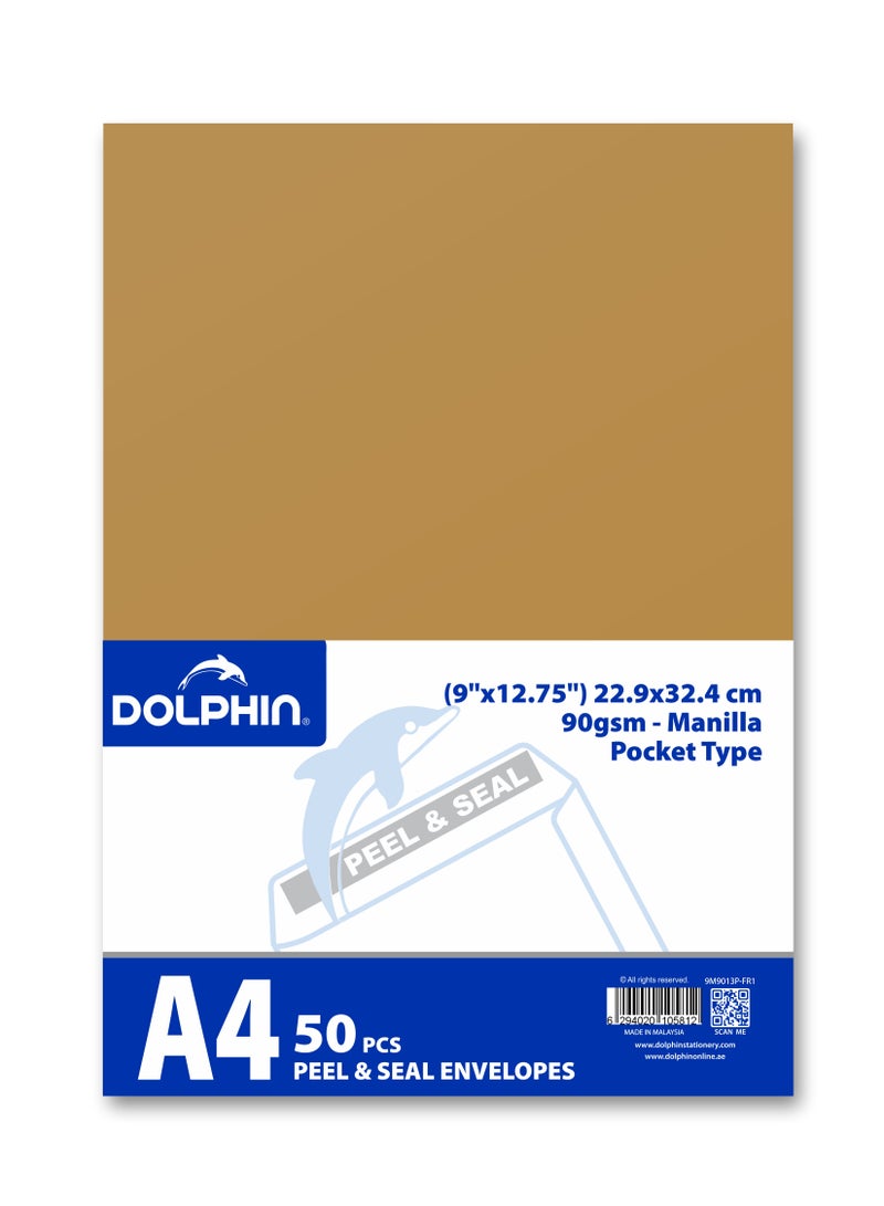 دولفين أظرف بنية دولفين مقاس A4 (9 × 12.75 إنش)، 90 جم ذاتية الإغلاق، عبوة 50 ظرفًا، صُنع في ماليزيا - Image 2