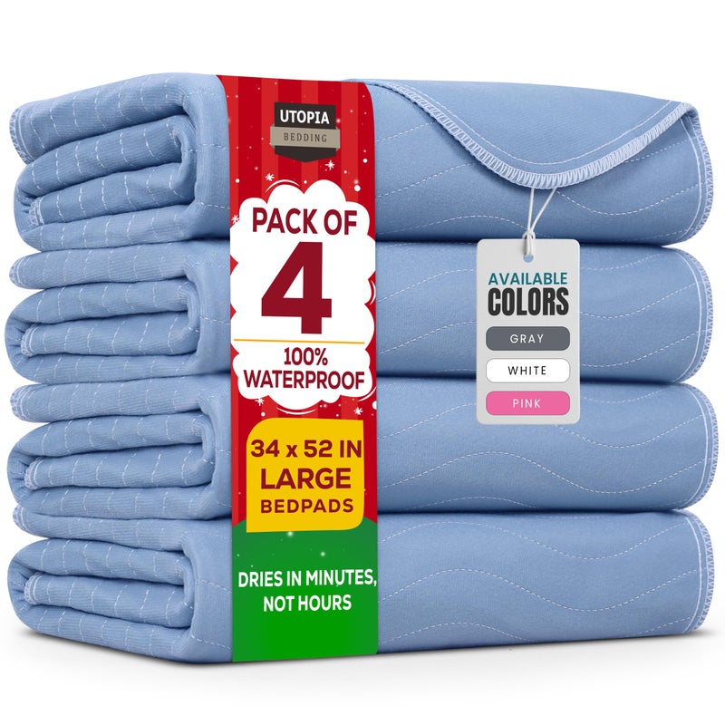 Utopia Bedding Washable Underpads 34" x 52" (Pack of 4), Waterproof Reusable Heavy Absorbency Incontinence Bed Pads for Adults, Kids, Elderly and Pets, Bedwetting Pads for Sofa and Couch (Blue) - Image 1