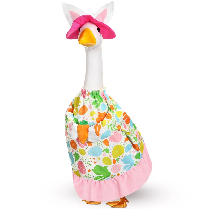 FuWeave Easter Bunny Goose Outfit Easter Egg Porch Goose Costume for Cement Plastic Geese Statue Spring Outdoor Garden Yard Patio DecorationPink White23 InchesCarrot - Image 2