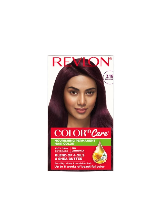 Revlon Color 'n Care Permanent Hair Color for Women -3.16 Burgundy | Blend of 4 oil's & Shea Butter| For Silky, Shiny & Nourished Hair | 100% Grey Coverage in 5 Minutes | Ammonia Free - Image 1