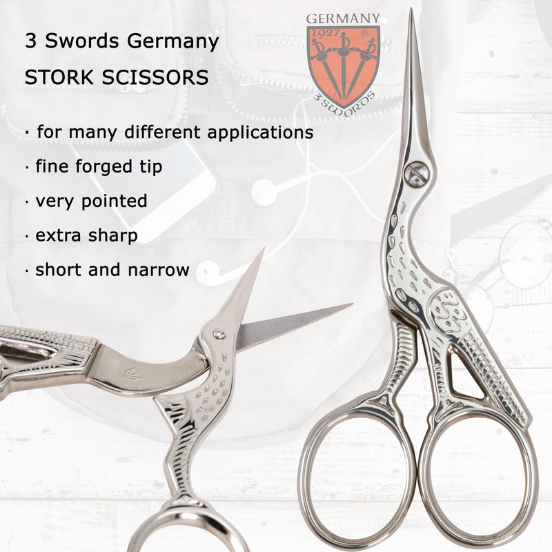 3 Swords Germany - Embroidery Scissors, Stork Scissors Shears for Art Work, Daily Use in Household, Sewing, crocheting, Art Work, Craft, needle work with black Synthetic Leather case - Image 2