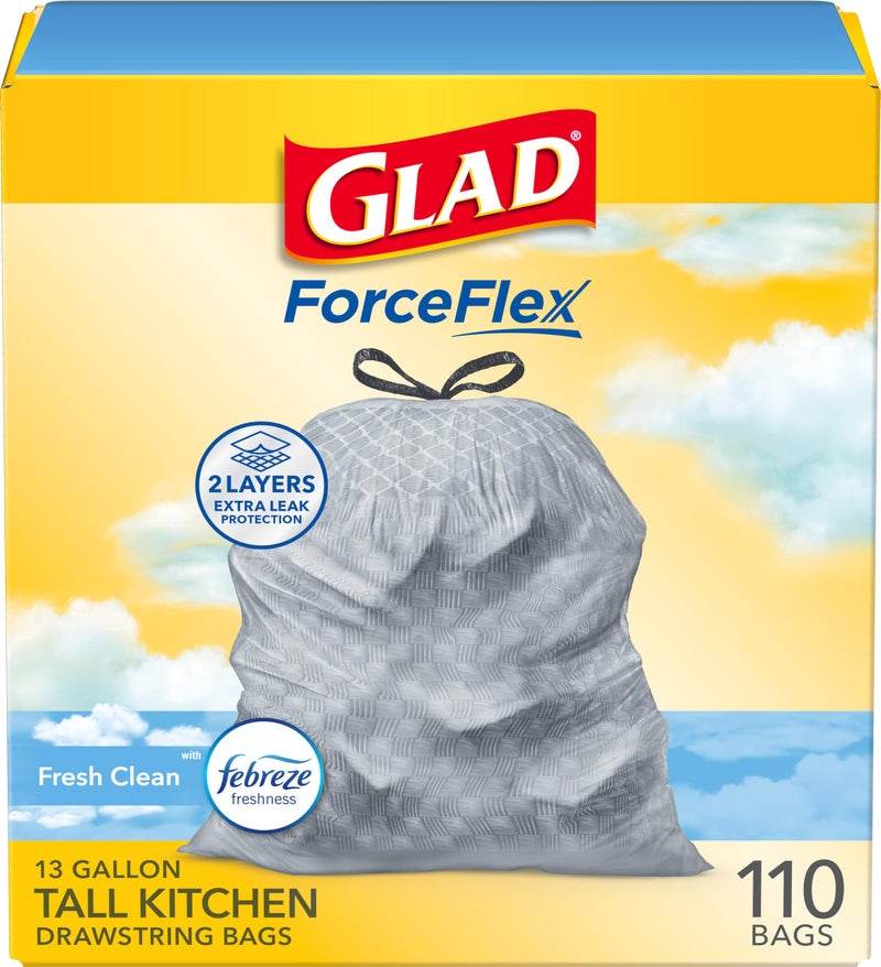 Glad Tall Kitchen Drawstring Trash Bags - Odorshield 13 Gallon White Trash Bag, Febreze Fresh Clean, 110 Count - Image 1