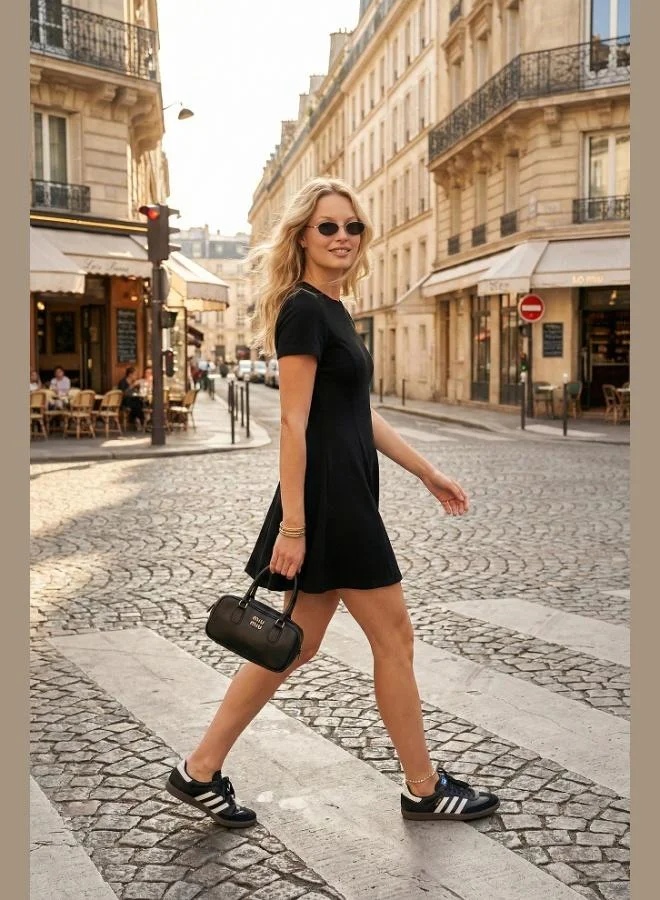 Lela Lela Regular Fit Crew Neck Pleated Mini Dress Women's Dress 5866342