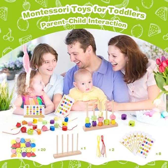 لعبة مونتيسوري من 2 3 4 5 سنوات: لعبة خشبية مع لعبة توصيل خيوط لعبة بناء كتل مهارات حركية لعبة مع أحجار تكديس لعبة فرز ألعاب تعليمية هدية للأطفال الأولاد والبنات - Image 3
