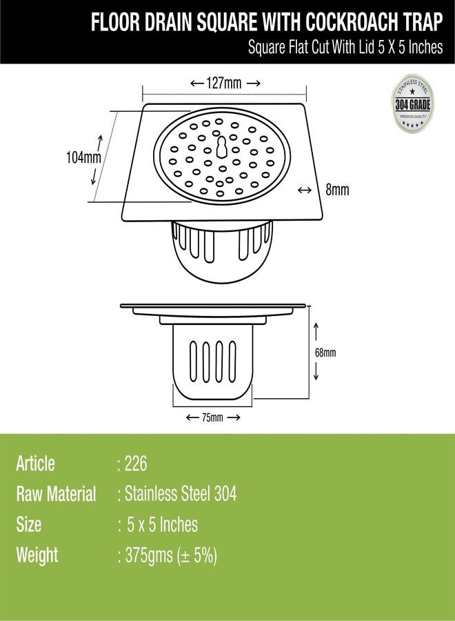 LIPKA Square Flat Cut Floor Drain with Cockroach Trap & Lid| 5 x 5 Inches Floor Drainer | 304-Grade Stainless Steel Floor Trap | Glossy Finish Drain Jali - Image 2