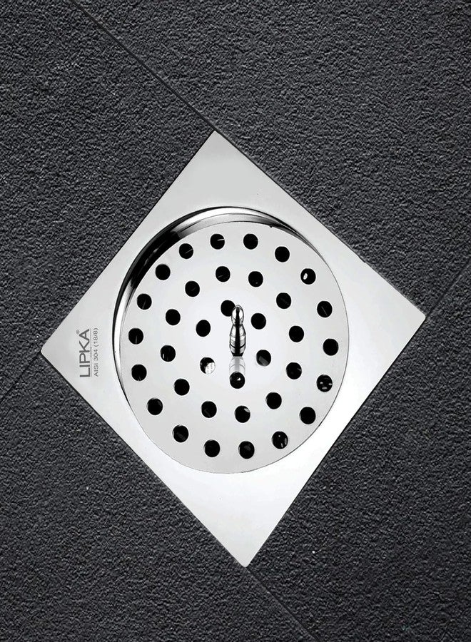 LIPKA Square Flat Cut Floor Drain with Cockroach Trap & Lid| 5 x 5 Inches Floor Drainer | 304-Grade Stainless Steel Floor Trap | Glossy Finish Drain Jali - Image 1