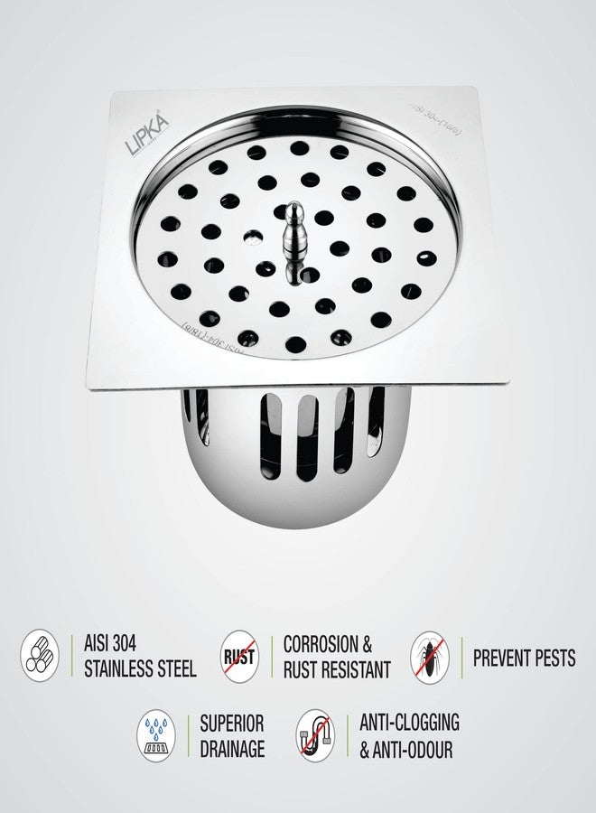 LIPKA Square Flat Cut Floor Drain with Cockroach Trap & Lid| 5 x 5 Inches Floor Drainer | 304-Grade Stainless Steel Floor Trap | Glossy Finish Drain Jali - Image 3