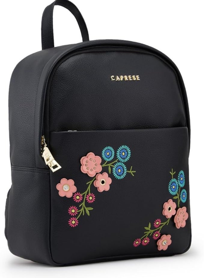 Caprese Erica Fashion Backpack for Women, Medium | Black Floral Embroidered | Spacious Interiors| Bag With Top Grab & Adjustable Shoulder Strap| Mini Backpack for Girls & Women - Image 1
