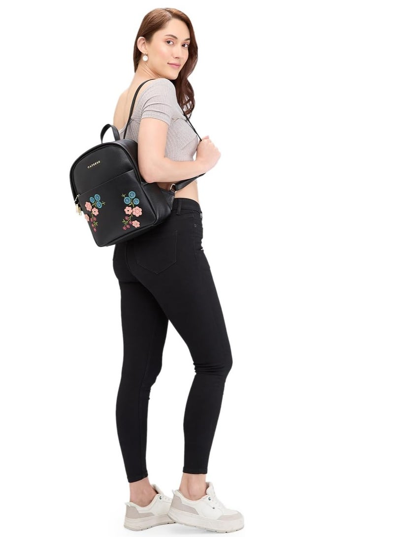 Caprese Erica Fashion Backpack for Women, Medium | Black Floral Embroidered | Spacious Interiors| Bag With Top Grab & Adjustable Shoulder Strap| Mini Backpack for Girls & Women - Image 5