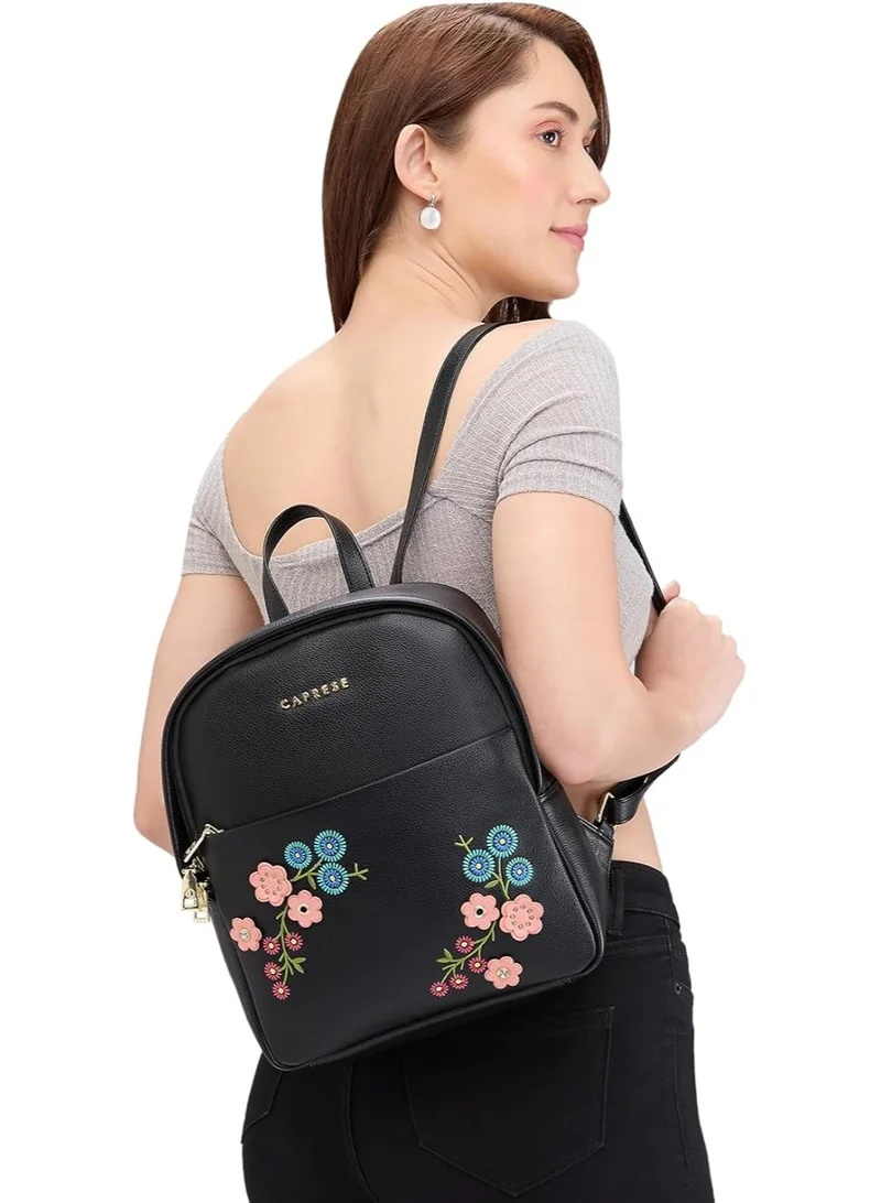 CAPRESE Caprese Erica Fashion Backpack for Women, Medium | Black Floral Embroidered | Spacious Interiors| Bag With Top Grab & Adjustable Shoulder Strap| Mini Backpack for Girls & Women