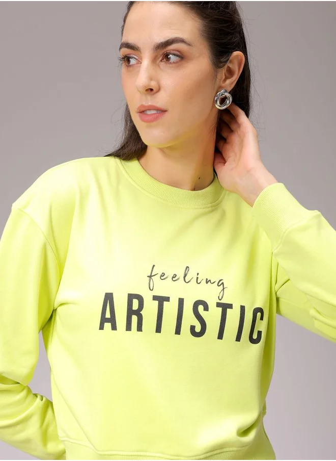Freehand Women Relaxed Fit Typographic Cropped Sweatshirt