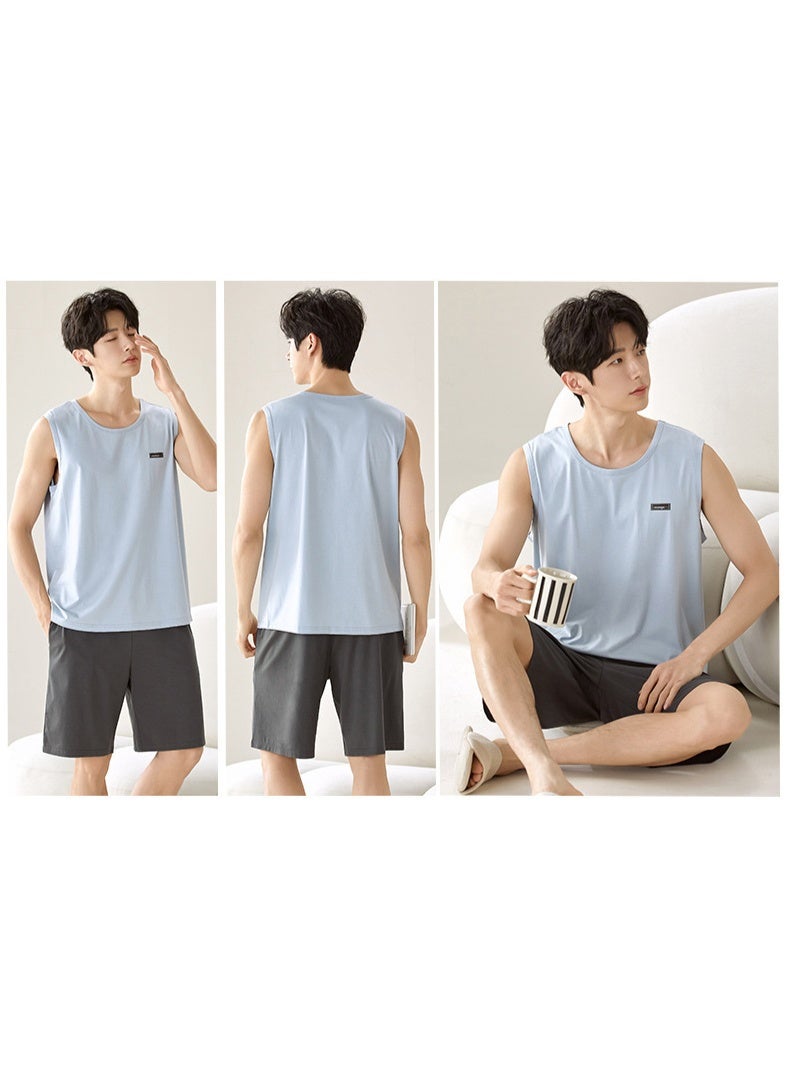 Fashion Modal Soft Nightwear for Men Sleeveless Sleeping Top & Shorts 2pcs Pajamas Set Young Boy Loungewear - Image 2