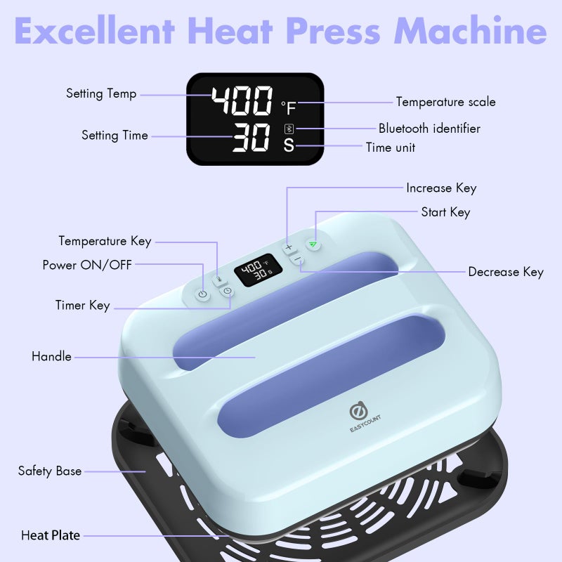 EASYCOUNT E Heat Press 12"X10", Smart Heat Press Machine with Built-in Bluetooth for T-Shirts, Pillows, Tote Bags & More,(Blue-Purple) - Image 4