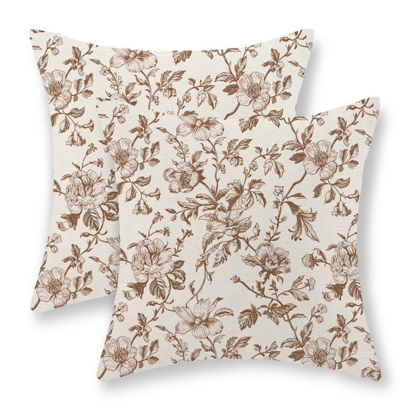 JEFERSO Brown Floral Pillow Covers 20x20 Set of 2 Brown and Cream Chinoiserie Floral Decorative Throw Pillows Vintage Rustic Toile Flower Pillowcase Outdoor Decor Linen Cushion Covers for Couch Sofa - Image 1
