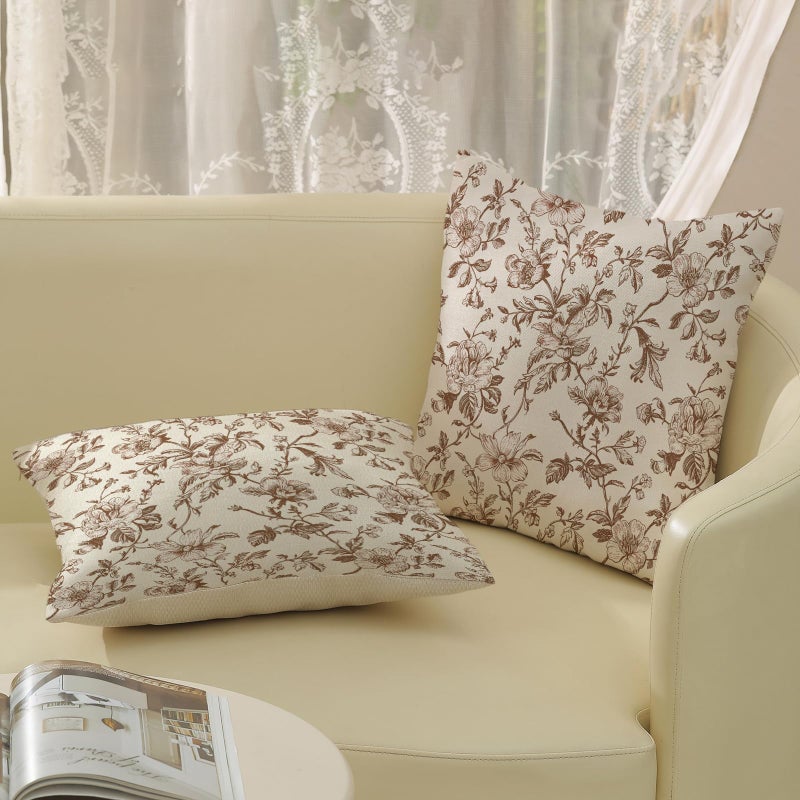 JEFERSO Brown Floral Pillow Covers 20x20 Set of 2 Brown and Cream Chinoiserie Floral Decorative Throw Pillows Vintage Rustic Toile Flower Pillowcase Outdoor Decor Linen Cushion Covers for Couch Sofa - Image 4