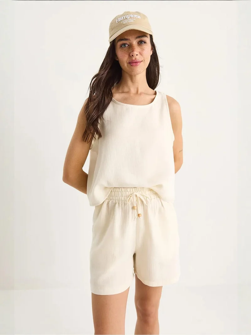 Bianco Lucci Beige Natural LUCCI Textured Cotton Two-Piece Coord Set with Crew Neck for Women | Best Price UAE