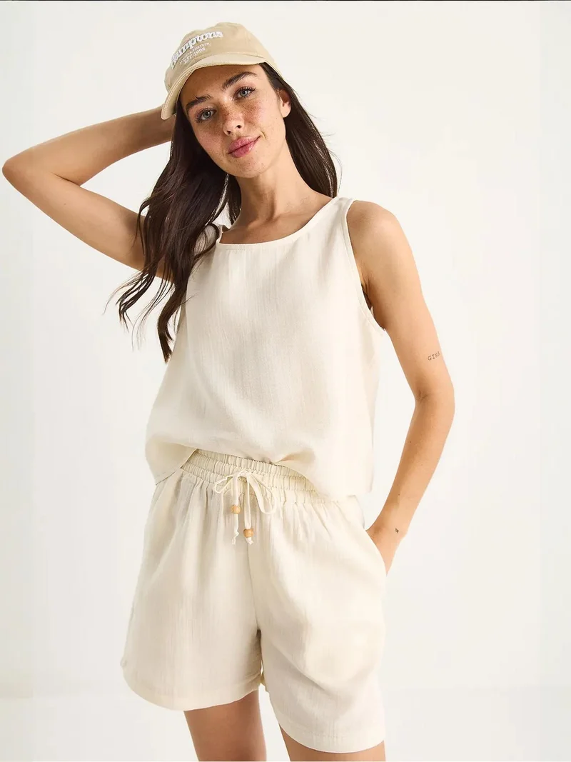 Bianco Lucci Beige Natural LUCCI Textured Cotton Two-Piece Coord Set with Crew Neck for Women | Best Price UAE