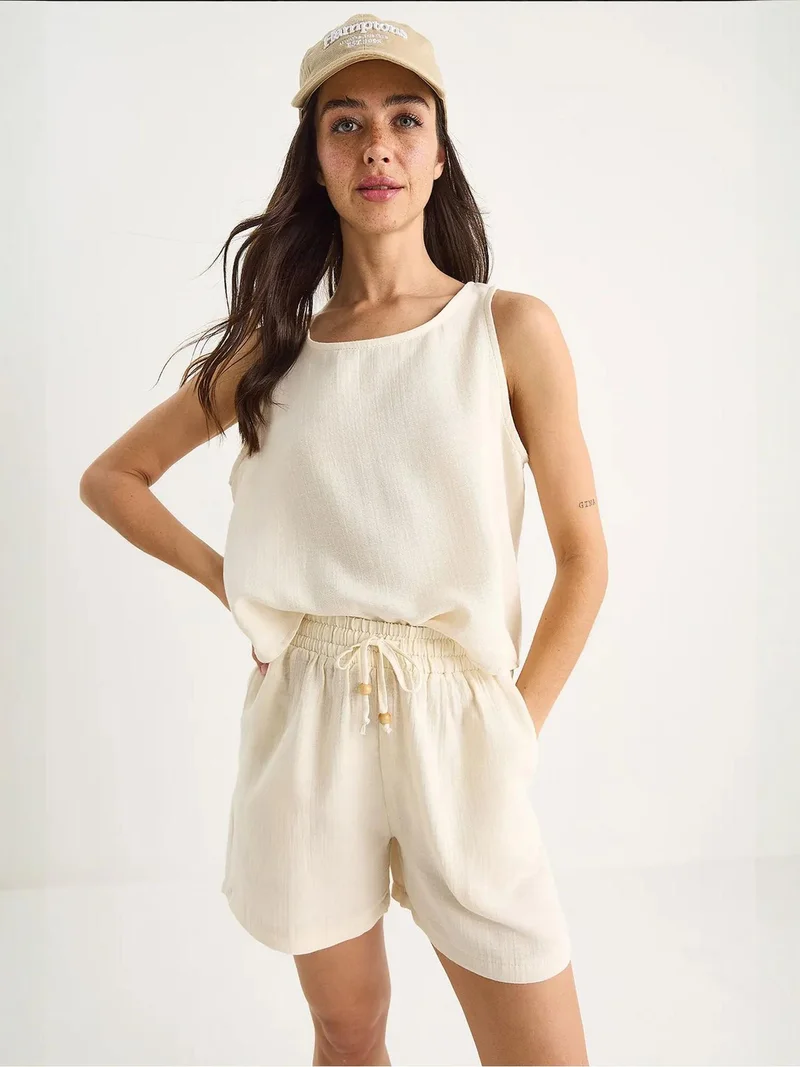 Bianco Lucci Beige Natural LUCCI Textured Cotton Two-Piece Coord Set with Crew Neck for Women | Best Price UAE