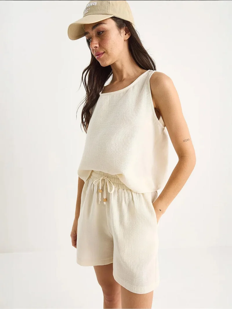 Bianco Lucci Beige Natural LUCCI Textured Cotton Two-Piece Coord Set with Crew Neck for Women | Best Price UAE