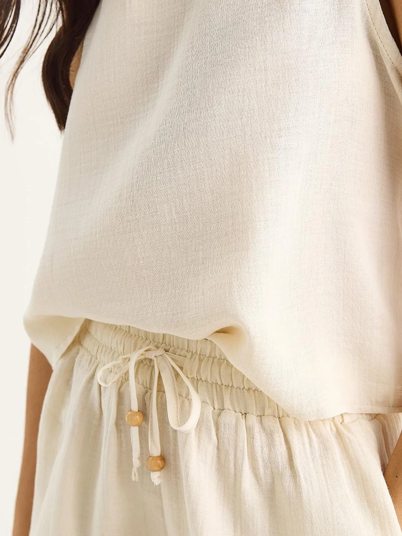 Bianco Lucci Beige Natural LUCCI Textured Cotton Two-Piece Coord Set with Crew Neck for Women | Best Price UAE