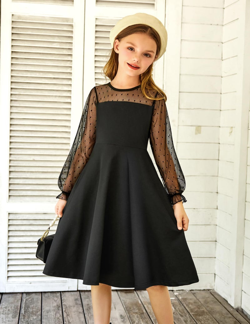 Arshiner Girl's Contrast Mesh Puff Long Sleeve High Waist A Line Black Short Dress with Pockets 6-7 Years - Image 2