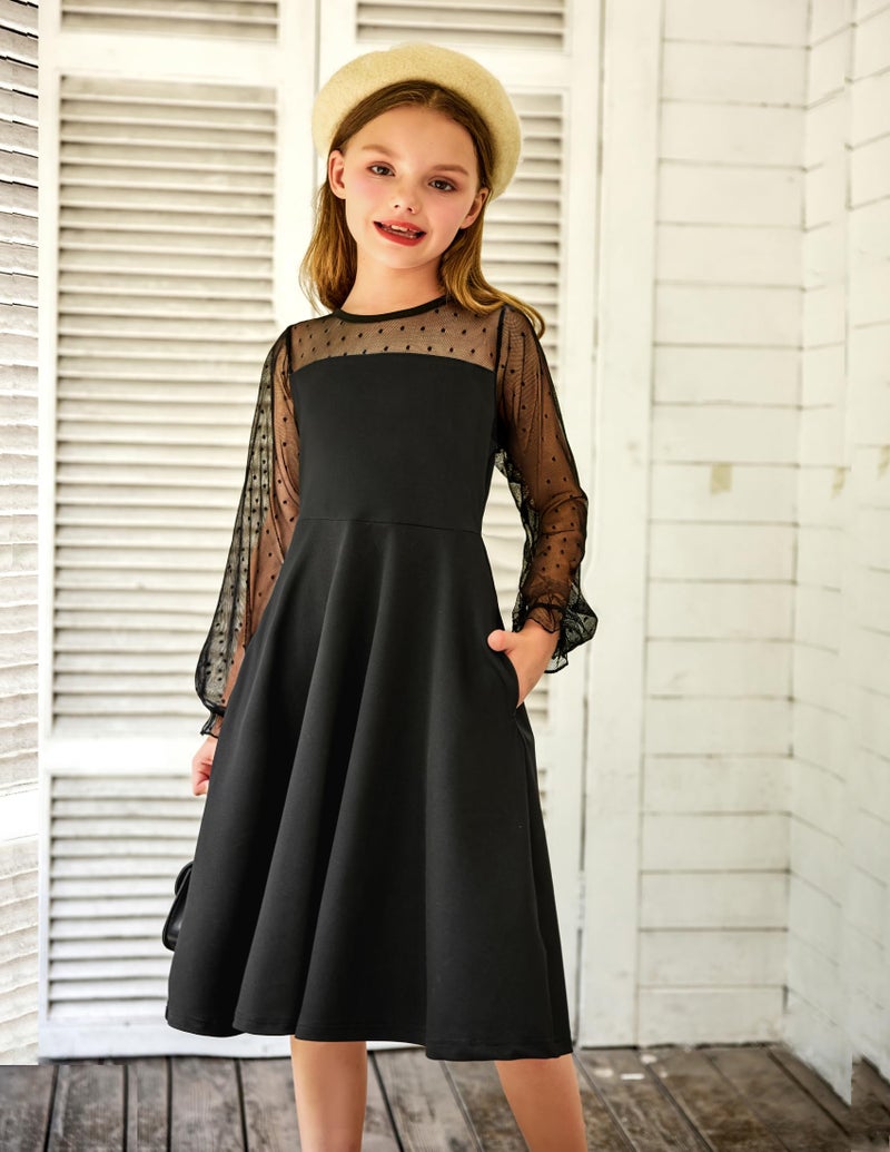 Arshiner Girl's Contrast Mesh Puff Long Sleeve High Waist A Line Black Short Dress with Pockets 6-7 Years - Image 4