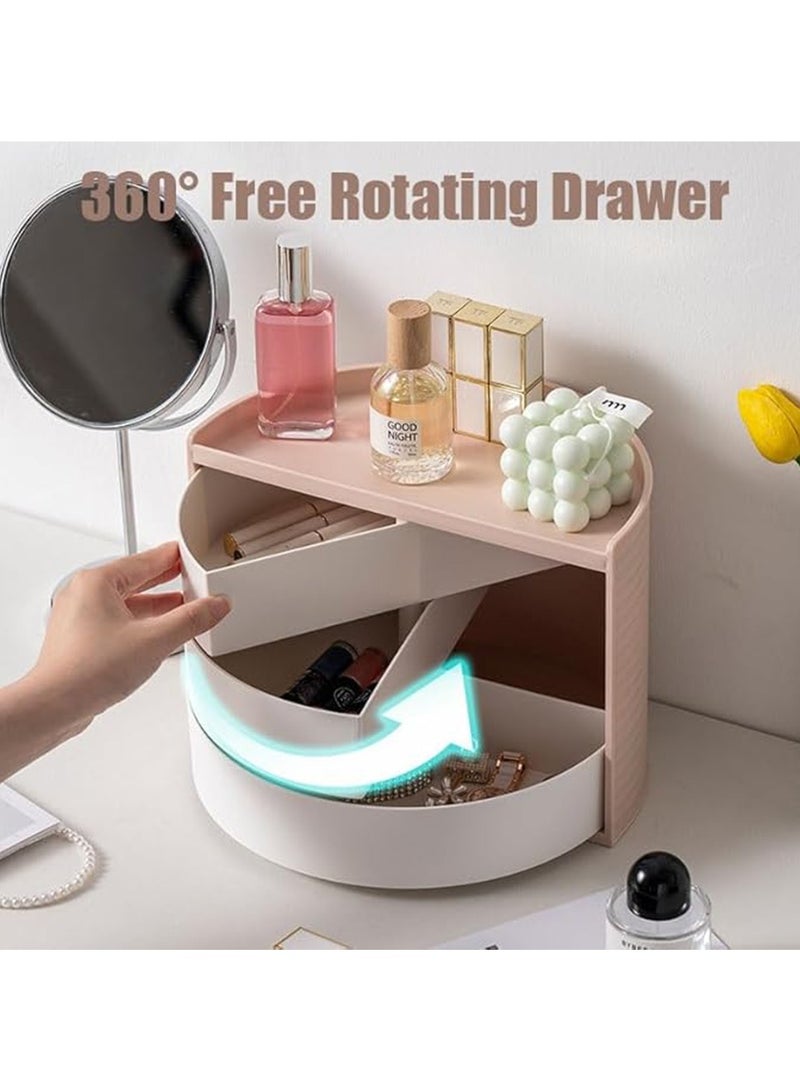 صندوق مجوهرات، صندوق تخزين دوار لغرفة النوم على سطح المكتب، صندوق أحمر شفاه شبه دائري، صندوق تخزين مجوهرات مقاوم للغبار لمستحضرات التجميل (وردي) - Image 2