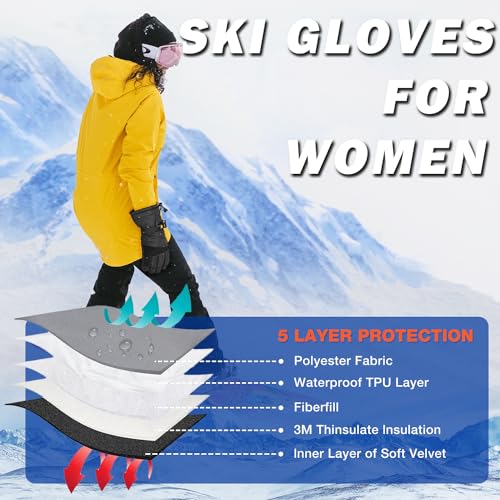 Solaris Waterproof Warm Ski Gloves with Pocket, Winter Cozy 3M Thinsulate Outdoor Snowboard Gloves for Women, Youth, Kid, Skiing, Snowboarding, Motorcycling, Shoveling, Small Size - Image 2