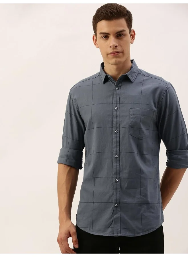 شركة المرآب الهندية Teal Slim Fit Casual Other Checks Spread Collar Full Sleeves Cotton Shirt