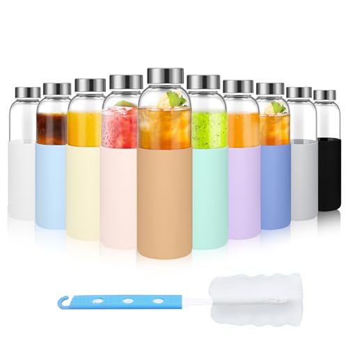 Luxfuel 18 oz Glass Bottles with Lids and Silicone Sleeve, Reusable Glass Juice Bottles with Stainless Steel Cap for Juicing, Refrigerator,100% Leak Proof, BPA Free,Glass Water Bottles Set of 10 - Image 1